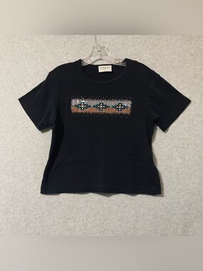 Cactus Bay  Crop top Black Short Sleeve with Beaded Navajo-Inspired Panel SZ S